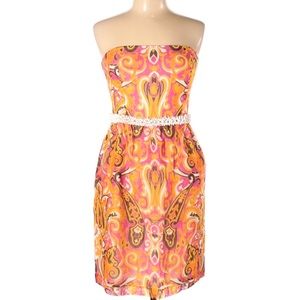MILLY Orange Print Beaded Silk Strapless Dress